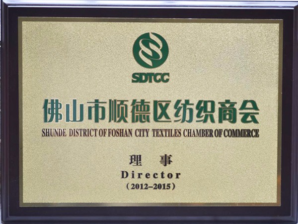 巅峰国际-2012年获顺德政府颁发“佛山纺织商会理事单位”